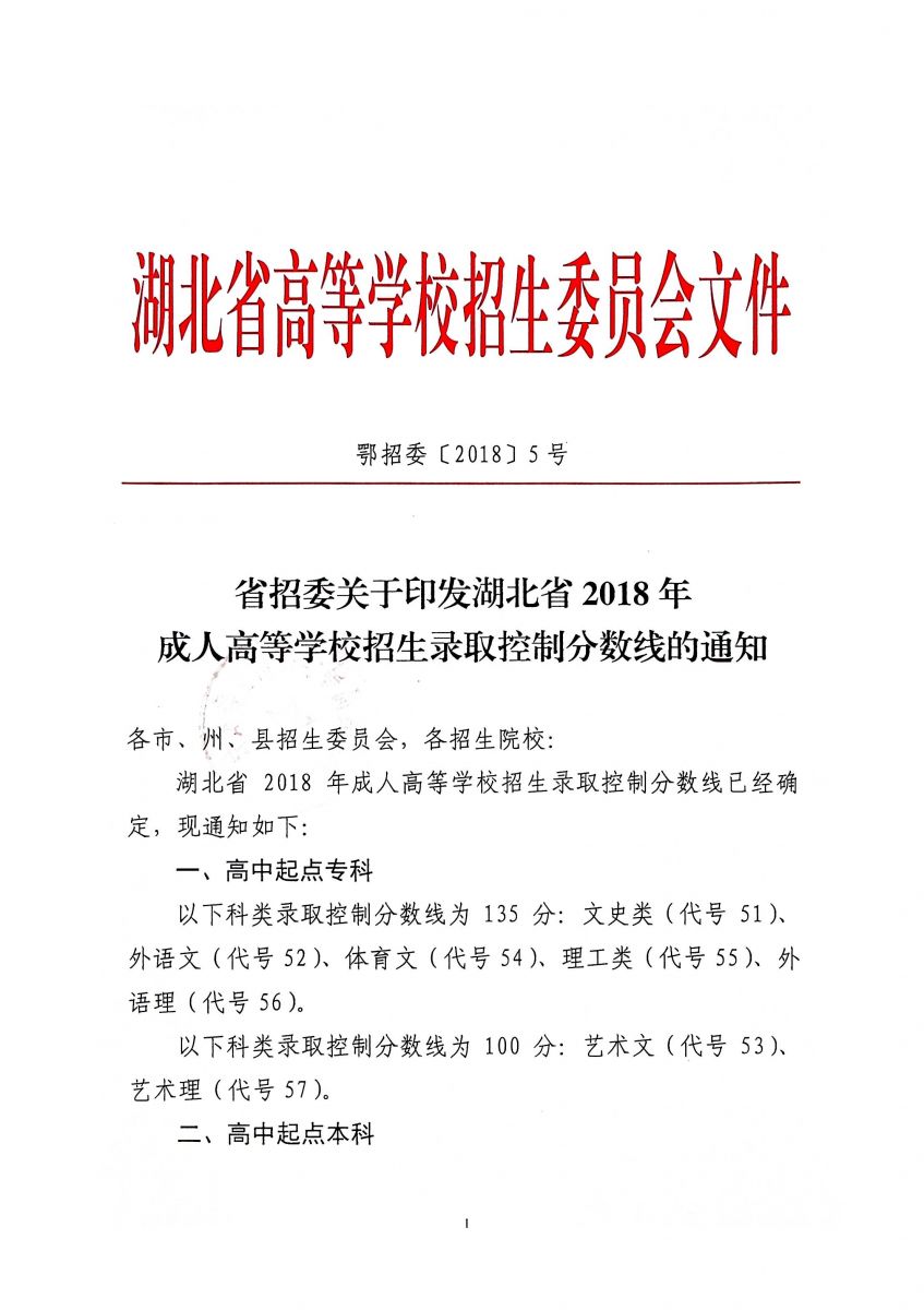 省招委关于印发湖北省2018年 成人高等学校招生录取控制分数线的通知